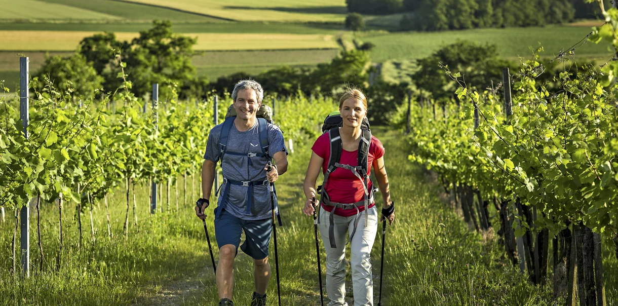 Pohodnik in pohodnica v pohodniški opremi nasmejana hodita med zelenimi vinogradniškimi griči