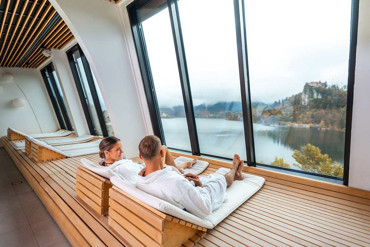 Couple relaxing in the Spa Park sauna at Hotel Park in Bled