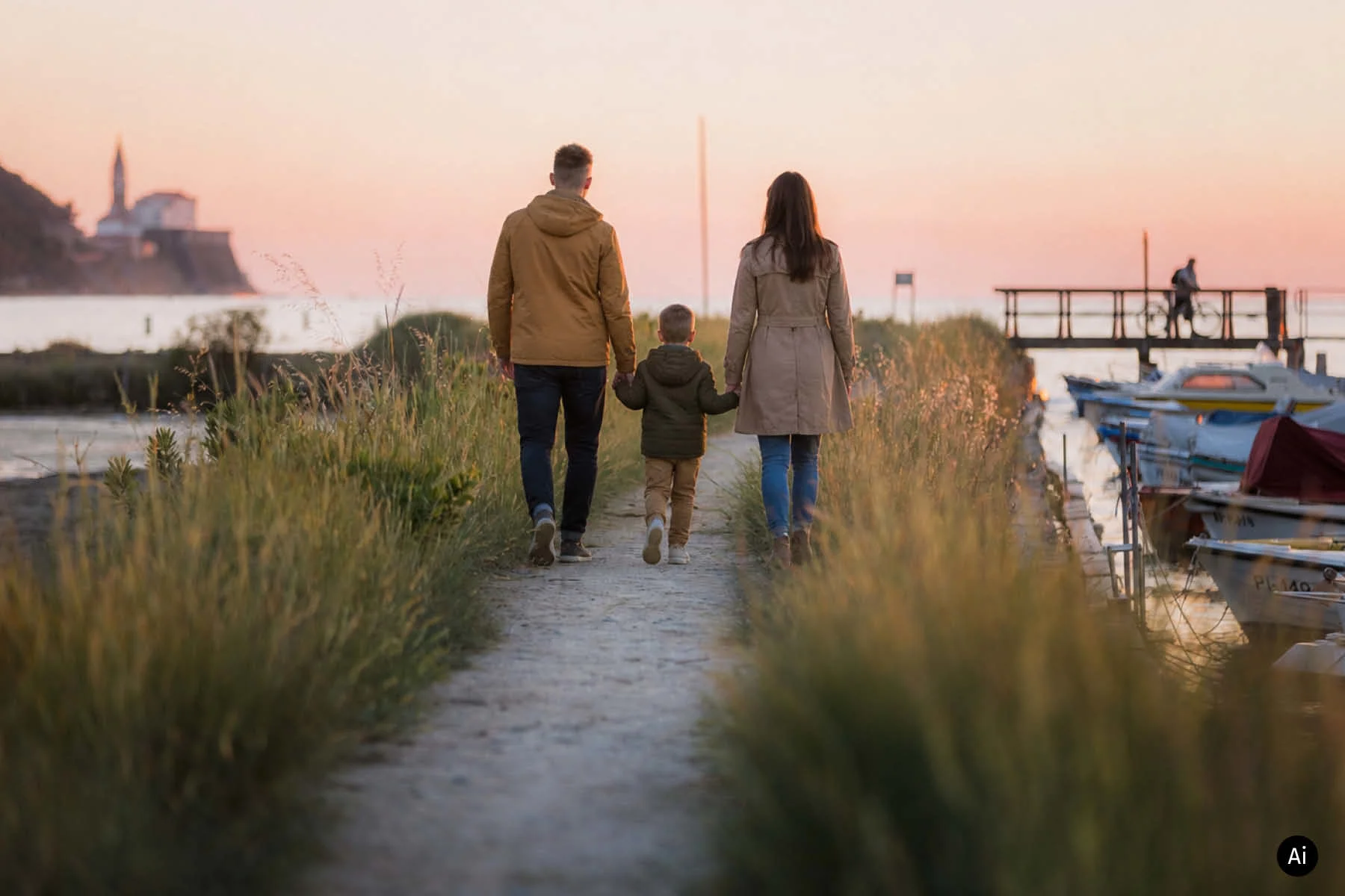 Obitelj s djetetom u jesenskoj šetnji uz slovensku obalu