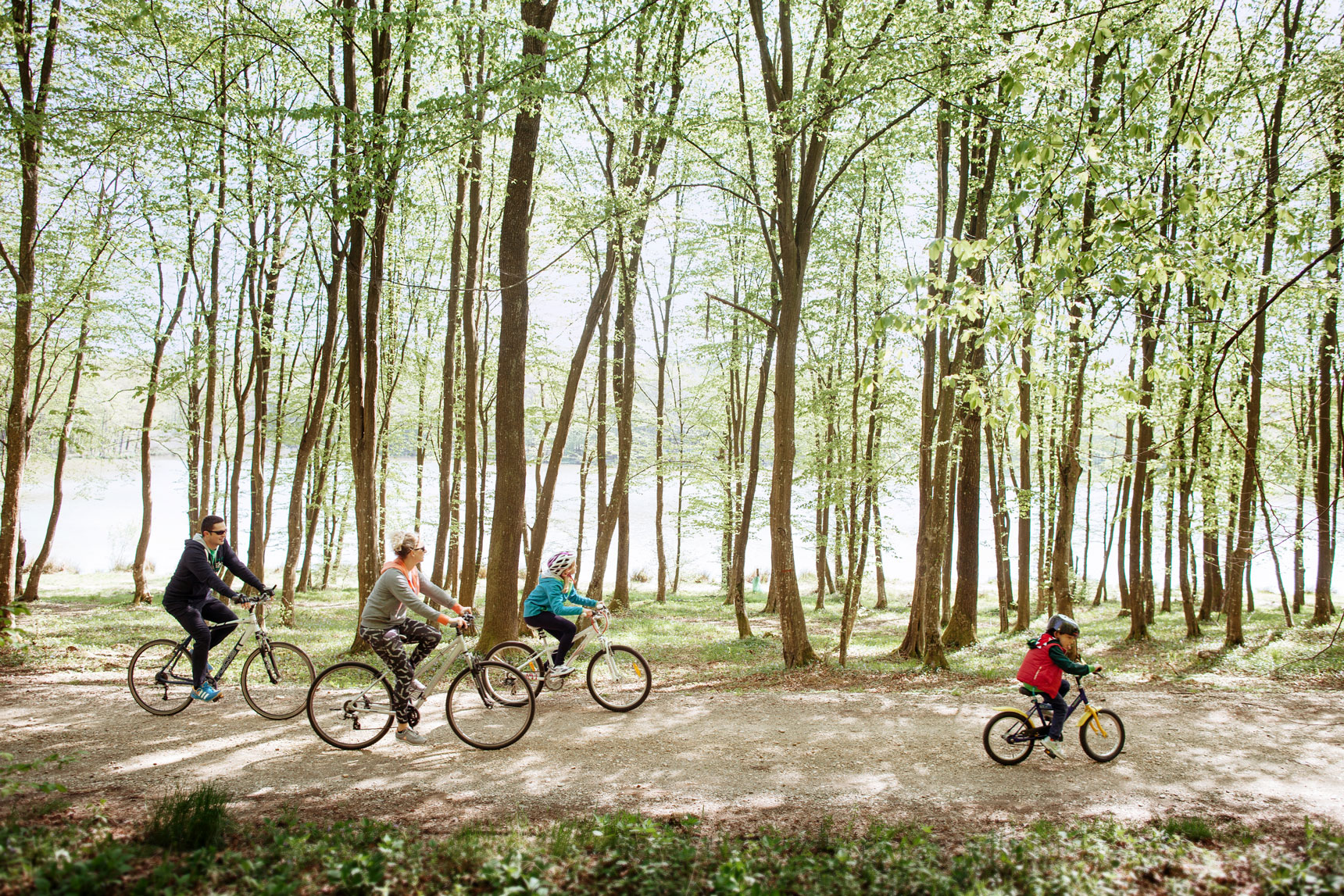 Family with children cycling along a forest trail near Lake Bukovnica