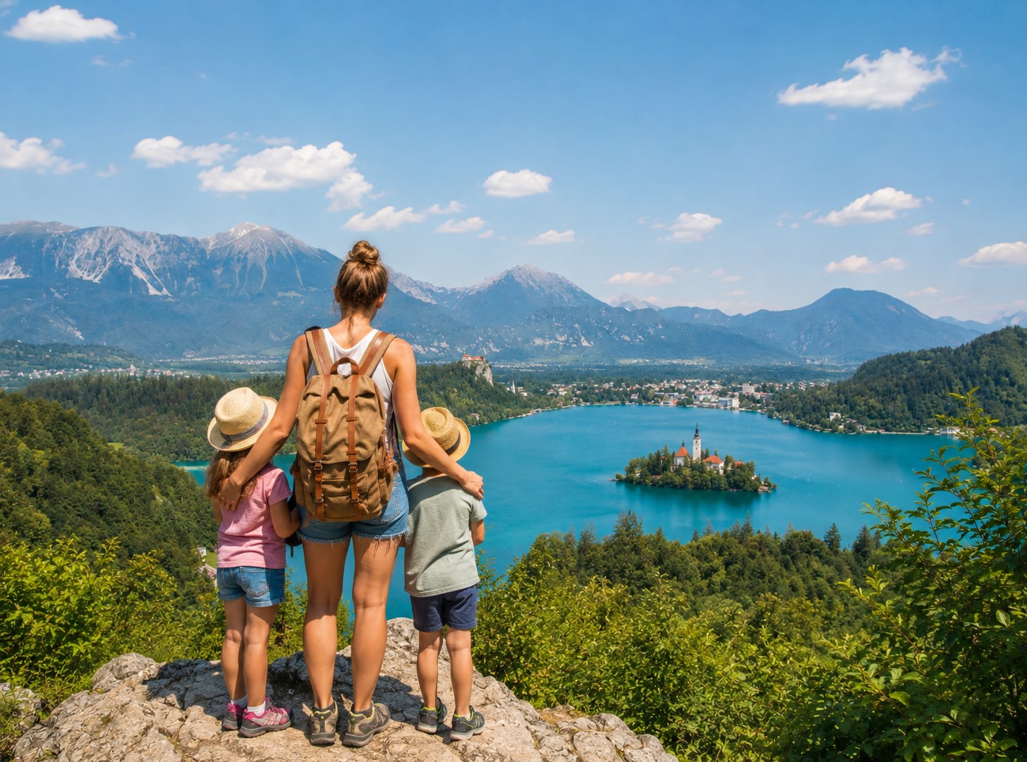 Familie in der Natur mit Blick auf den Bleder See und die Bleder Insel